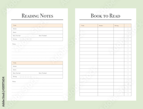 Reading notes and book to read planner. Minimalist planner template set. Vector illustration.