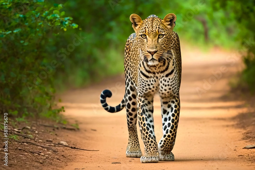Stunning Leopard coming towards along the road. Generative AI Fototapeta