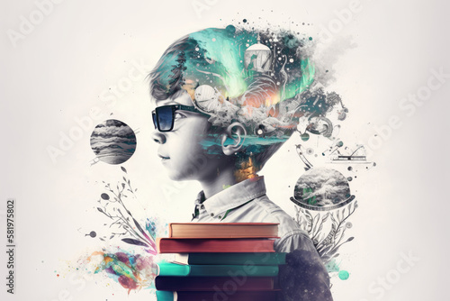 Knowledge and science boy with books artistic graphic collage - Generative AI illustration