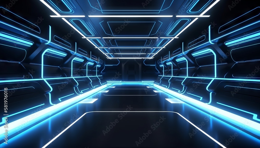 Blue White Led Lights Sci Fi Futuristic Modern Spaceship Dark Tunnel Corridor. Generative ai Blue White Led Lights Sci Fi Futuristic Modern Spaceship Dark Tunnel Corridor. Generative ai
