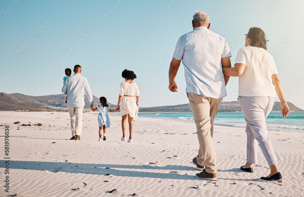 Holding hands, beach family and people walk, bond or enjoy time together for travel vacation, holiday peace or freedom. Sea water, ocean love and back view of senior couple in Rio de Janeiro Brazil