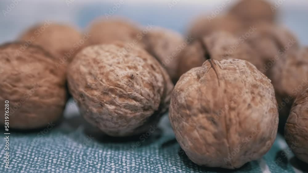 A Pile of Harvested Whole, Ripe Brown Walnuts Lies on the Table. Close-up. Autumn harvest. Useful, diet healthy food. Brain food. Vegetarianism. Vitamins. Walnut shell. Texture. Slow-motion. Zoom. A Pile of Harvested Whole, Ripe Brown Walnuts Lies on the Table. Close-up. Autumn harvest. Useful, diet healthy food. Brain food. Vegetarianism. Vitamins. Walnut shell. Texture. Slow-motion. Zoom.