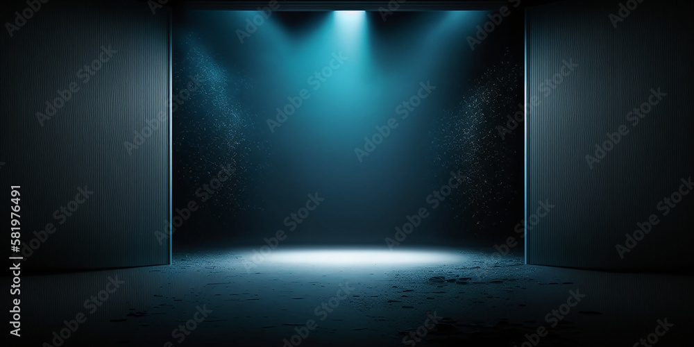 Empty dark abstract dark blue background, Rays of neon light in the dark, spotlights and and studio room with smoke float up interior texture for display products wall background Empty dark abstract dark blue background, Rays of neon light in the dark, spotlights and and studio room with smoke float up interior texture for display products wall background