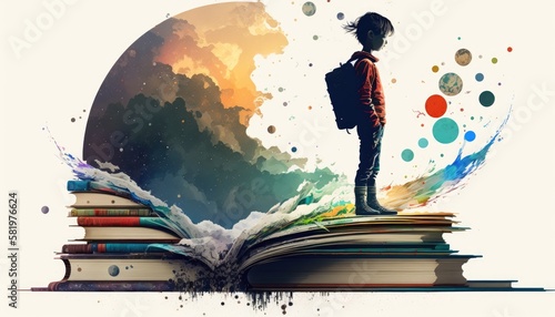 Knowledge and science boy with books artistic graphic collage - Generative AI illustration