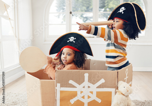Pirate, box and telescope with children in living room for playful, creative and imagine. Fantasy, relax and party with kids sailing in cardboard boat at home for free time, weekend and entertainment