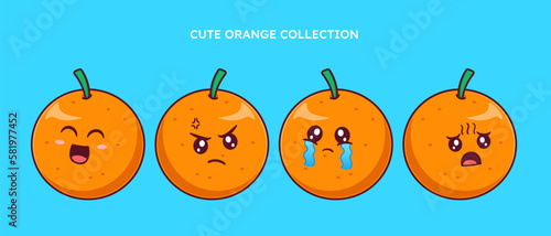 set of cute Orange with various expression on white background isolated flat vector illustration