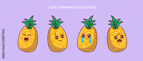 set of cute pineapple with various expression on white background isolated flat vector illustration