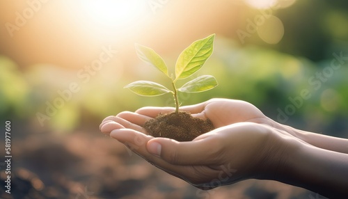 hand holding young plant on blur green nature background and sunlight. Generative ai