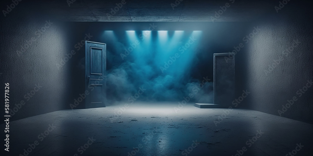 Empty dark abstract dark blue background, Rays of neon light in the dark, spotlights and and studio room with smoke float up interior texture for display products wall background
