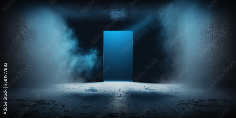Empty dark abstract dark blue background, Rays of neon light in the dark, spotlights and and studio room with smoke float up interior texture for display products wall background Empty dark abstract dark blue background, Rays of neon light in the dark, spotlights and and studio room with smoke float up interior texture for display products wall background
