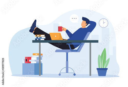Coffee break concept illustration. Employee works on the laptop. Vector illustration.