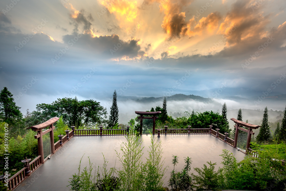 The magical dawn on the pagoda, surrounded by dew and light of Temple The magical dawn on the pagoda, surrounded by dew and light of Temple