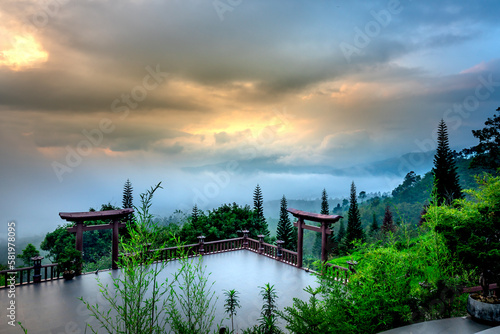 The magical dawn on the pagoda, surrounded by dew and light of Temple 