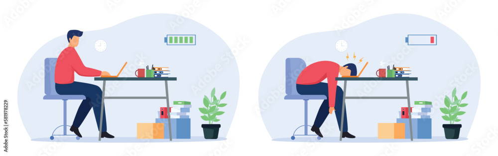 Male office worker with high and low battery. Happy and exhausted man at workplace. Vector Illustration.