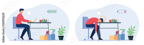 Male office worker with high and low battery. Happy and exhausted man at workplace. Vector Illustration.