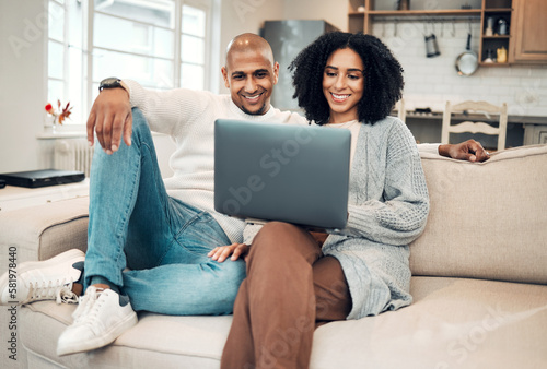 Happy couple, watch film online with laptop and streaming with network, smile and relax in living room. Subscription, internet connectivity and wifi with technology, people at home together on sofa