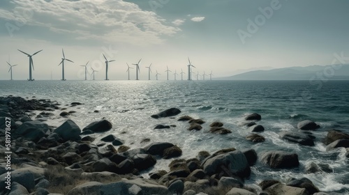 AI generated a landscape of an offshore wind farm with a large number of wind turbines.
