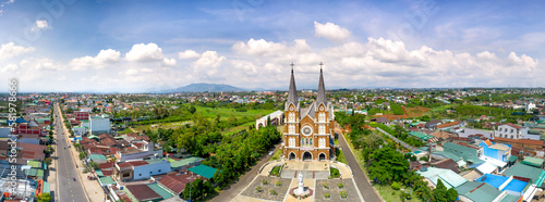 Panoramic view of the Holy Mother Church in Bao Loc City, Dong Nai Province, Vietnam from above. Travel and religion concept.