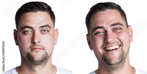 Serious and laughing face of a young man close-up. Handsome brunette with beautiful blue eyes. Isolated on white background. Set, collage. Panorama format.