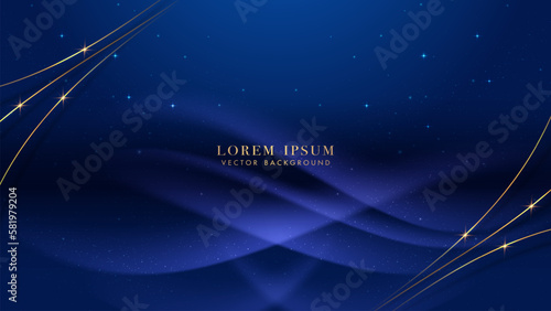 Blue luxury background with golden curve line, light wave, shiny dots, and glitter light effect decoration. Elegant style vector design