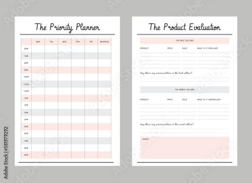 The Priority Planner and Product evaluation Planner. Minimalist planner template set. Vector illustration.