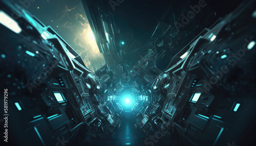 Technology abstract corridor neon light background, empty space scene, spaceship, dark night, virtual reality, futuristic Sci-fi tunnel background, studio for mock up with Generative AI.