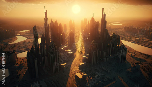 Mega capital city futuristic Sci-fi town background, sci-fi landscape fantastic, alien city planet society, night scene with stars and planet, with Generative AI.