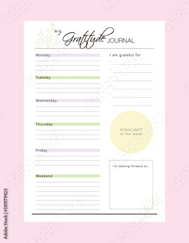 Gratitude Journal planner. Minimalist planner template set. Vector illustration.