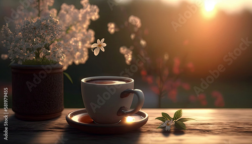 Coffee in cup on wooden table with flowers in spring season, calm and relax coffee, hot beverage, Morning drinks with Generative AI.