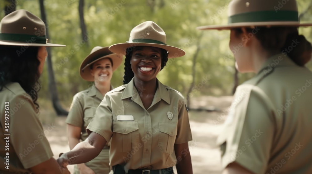 Fototapeta premium Professional Workplace Female Women: African American Black Park rangers Greeting with Confidence Friendliness in Business Setting, Diversity Equity Inclusion DEI Celebration (generative AI