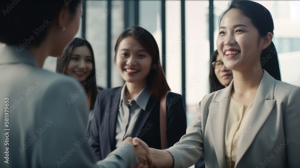 Obraz premium Professional Workplace Female Women: Asian Consultants Greeting with Confidence Friendliness in Business Setting, Diversity Equity Inclusion DEI Celebration (generative AI
