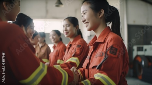 Professional Workplace Female Women: Asian Firefighters Greeting with Confidence Friendliness in Business Setting, Diversity Equity Inclusion DEI Celebration (generative AI