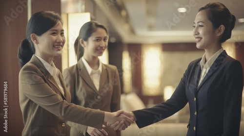 Professional Workplace Female Women: Asian Hotel managers Greeting with Confidence Friendliness in Business Setting, Diversity Equity Inclusion DEI Celebration (generative AI