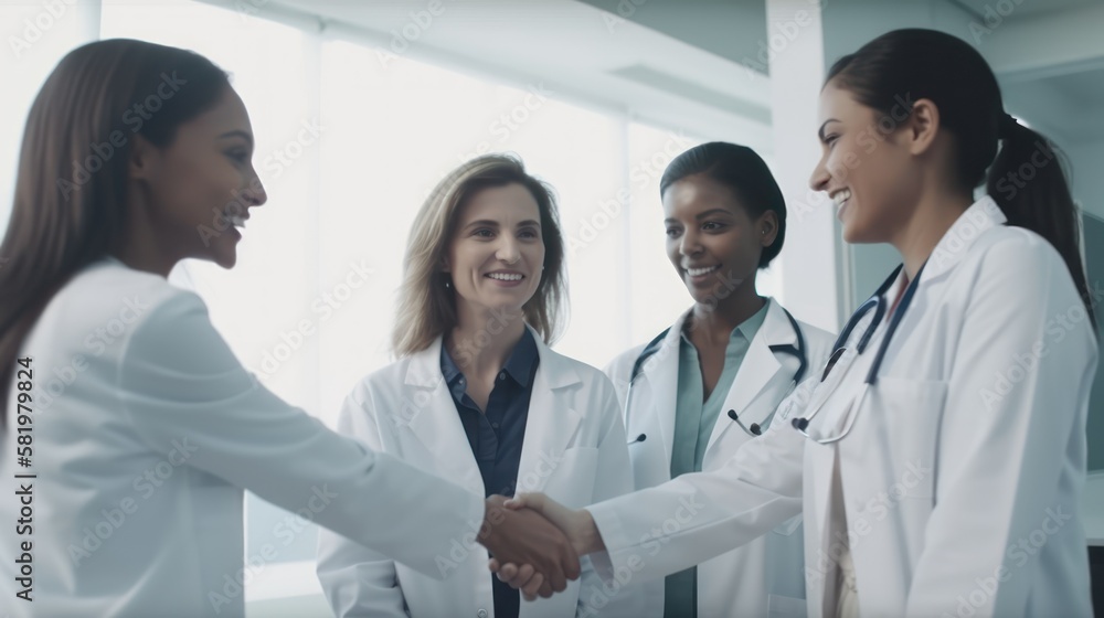 Professional Workplace Female Women: Hispanic Doctors Greeting with Confidence Friendliness in Business Setting, Diversity Equity Inclusion DEI Celebration (generative AI Professional Workplace Female Women: Hispanic Doctors Greeting with Confidence Friendliness in Business Setting, Diversity Equity Inclusion DEI Celebration (generative AI