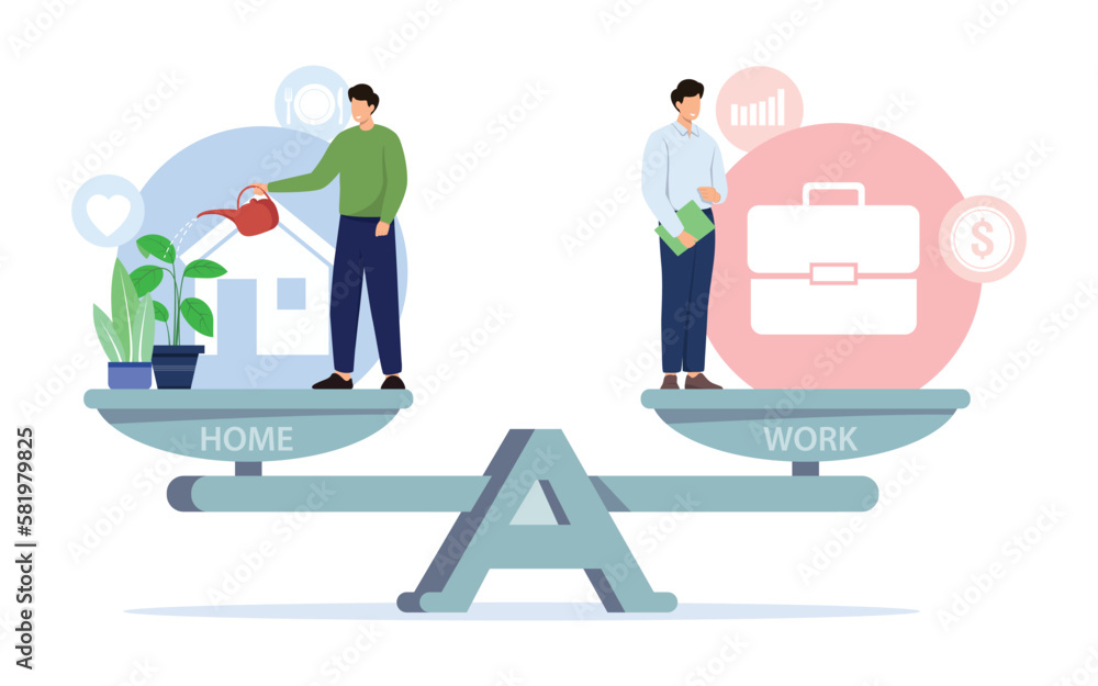 Tiny male characters balancing on huge scale. Balance between work and home illustration.  Vector illustration.