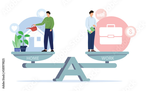 Tiny male characters balancing on huge scale. Balance between work and home illustration.  Vector illustration.
