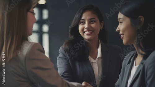 Professional Workplace Female Women: Hispanic Politicians Greeting with Confidence Friendliness in Business Setting, Diversity Equity Inclusion DEI Celebration (generative AI