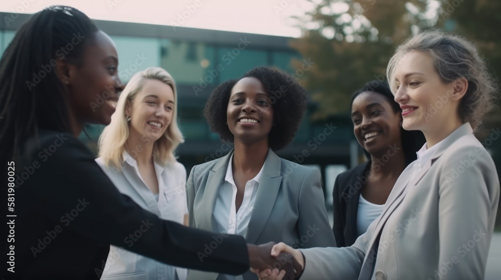 Obraz premium Professional Workplace Female Women: Multiracial Consultants Greeting with Confidence Friendliness in Business Setting, Diversity Equity Inclusion DEI Celebration (generative AI