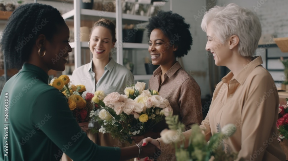 Professional Workplace Female Women: Multiracial Florists Greeting with Confidence Friendliness in Business Setting, Diversity Equity Inclusion DEI Celebration (generative AI Professional Workplace Female Women: Multiracial Florists Greeting with Confidence Friendliness in Business Setting, Diversity Equity Inclusion DEI Celebration (generative AI