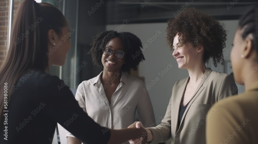 Professional Workplace Female Women: Multiracial Software developers Greeting with Confidence Friendliness in Business Setting, Diversity Equity Inclusion DEI Celebration (generative AI Professional Workplace Female Women: Multiracial Software developers Greeting with Confidence Friendliness in Business Setting, Diversity Equity Inclusion DEI Celebration (generative AI