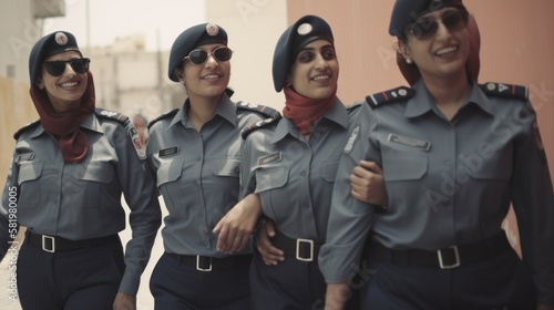 Professional Workplace Female Women: Middle Eastern Police officers Greeting with Confidence Friendliness in Business Setting, Diversity Equity Inclusion DEI Celebration (generative AI
