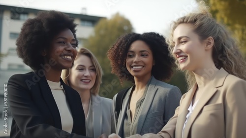Professional Workplace Female Women: Multiracial Actors Greeting with Confidence Friendliness in Business Setting, Diversity Equity Inclusion DEI Celebration (generative AI © Get Stock