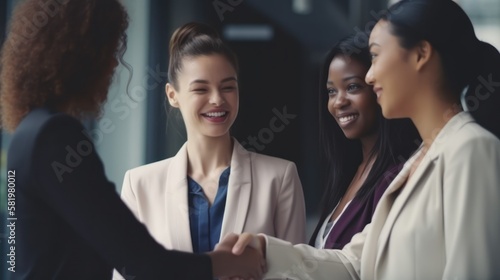 Professional Workplace Female Women: Multiracial Bankers Greeting with Confidence Friendliness in Business Setting, Diversity Equity Inclusion DEI Celebration (generative AI