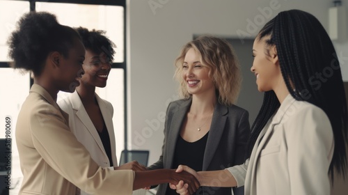 Professional Workplace Female Women: Multiracial Radio operators Greeting with Confidence Friendliness in Business Setting, Diversity Equity Inclusion DEI Celebration (generative AI