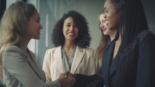 Professional Workplace Female Women: Multiracial Salespersons Greeting with Confidence Friendliness in Business Setting, Diversity Equity Inclusion DEI Celebration (generative AI