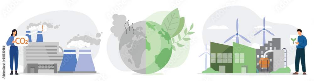 Climate change concept. Clean factory with renewable energy and coal power station producing CO2 emission pollution. Vector illustration. Climate change concept. Clean factory with renewable energy and coal power station producing CO2 emission pollution. Vector illustration.
