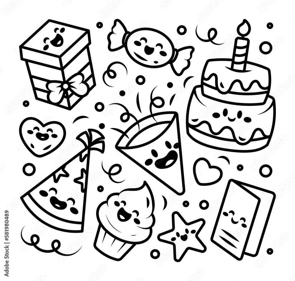 Black and white children's birthday doodles.Gifts and sweets.Isolated vector elements on a white background.