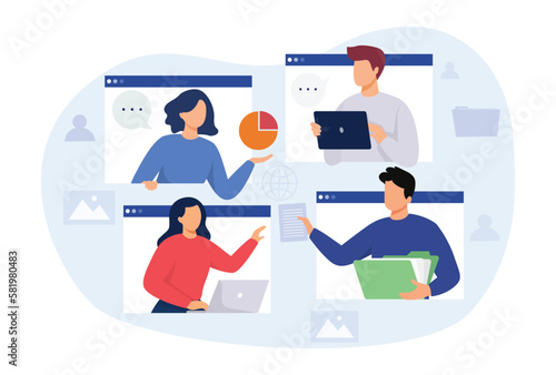 Remote meeting concept illustration. Video call conference. Online meeting. Digital communication. Vector illustration.