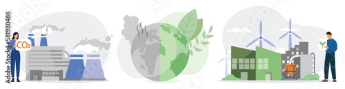 Climate change concept. Clean factory with renewable energy and coal power station producing CO2 emission pollution. Vector illustration.