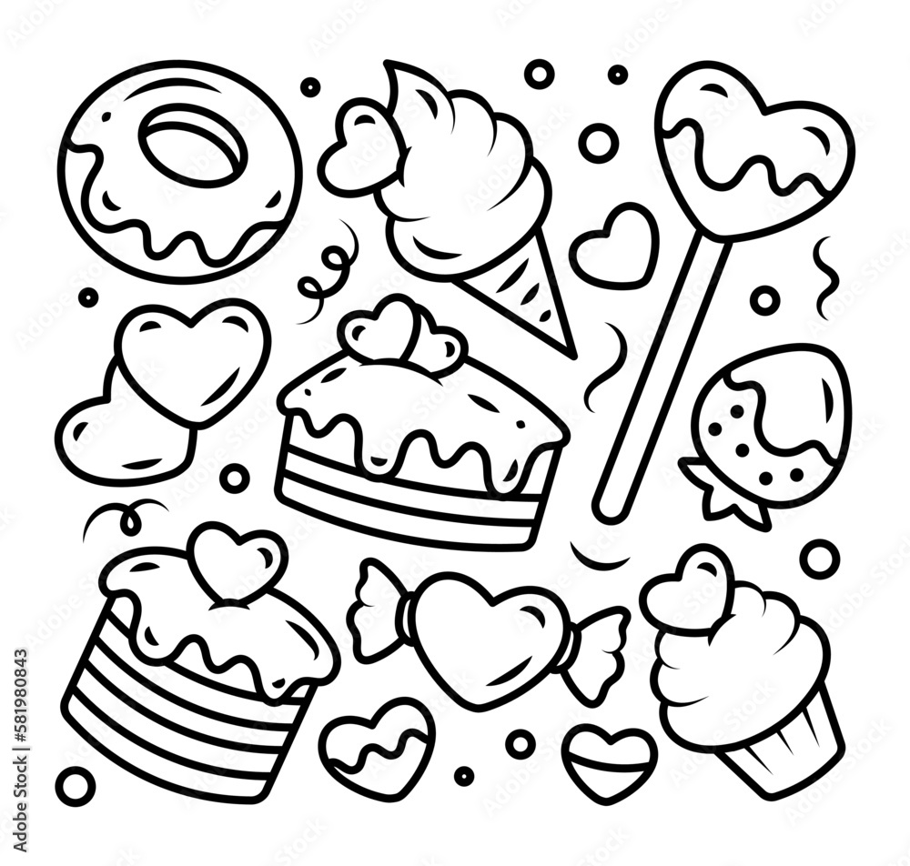 Black and white doodles of sweets. Dessert and confectionery.Isolated vector elements on a white background. Black and white doodles of sweets. Dessert and confectionery.Isolated vector elements on a white background.